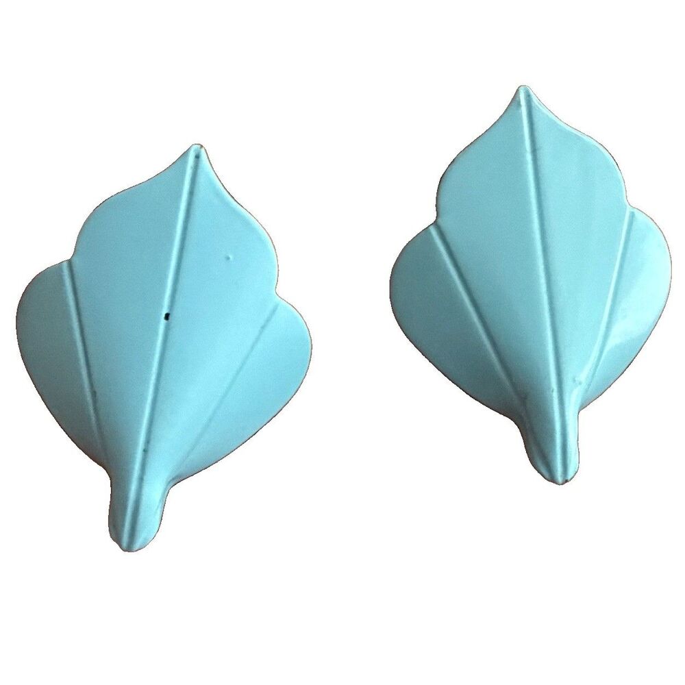 Vtg 1980s Light Blue Enamel Leaf Earrings Retro 80s Pastel Abstract Post Stud